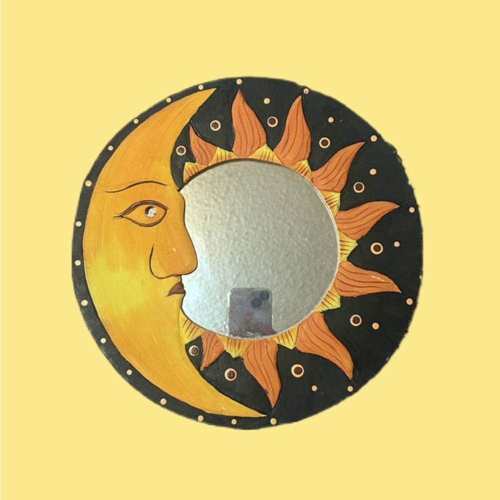 90’s Celestial Sun and Moon Wall Wooden Vintage Mirror Decor - Black and Orange - Picture 6 of 6
